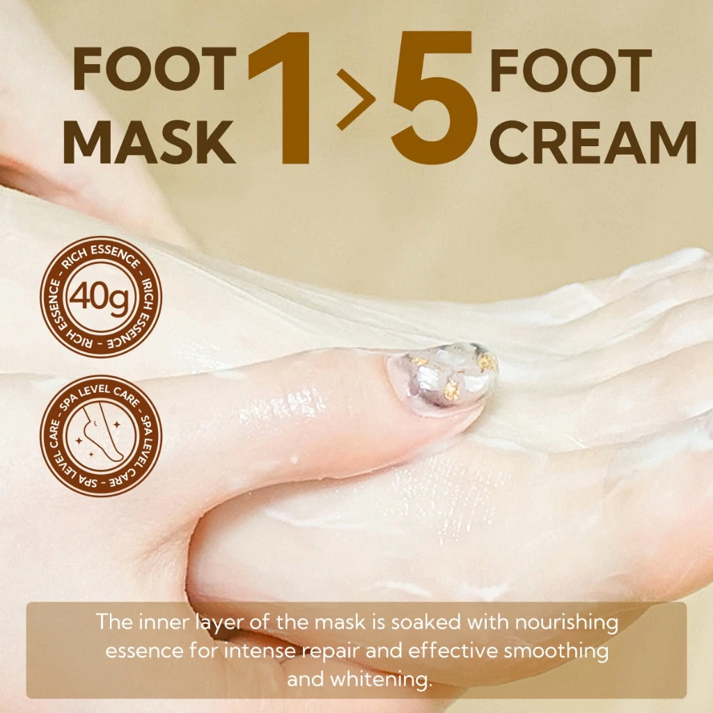 Foot mask worn during at-home foot spa treatment