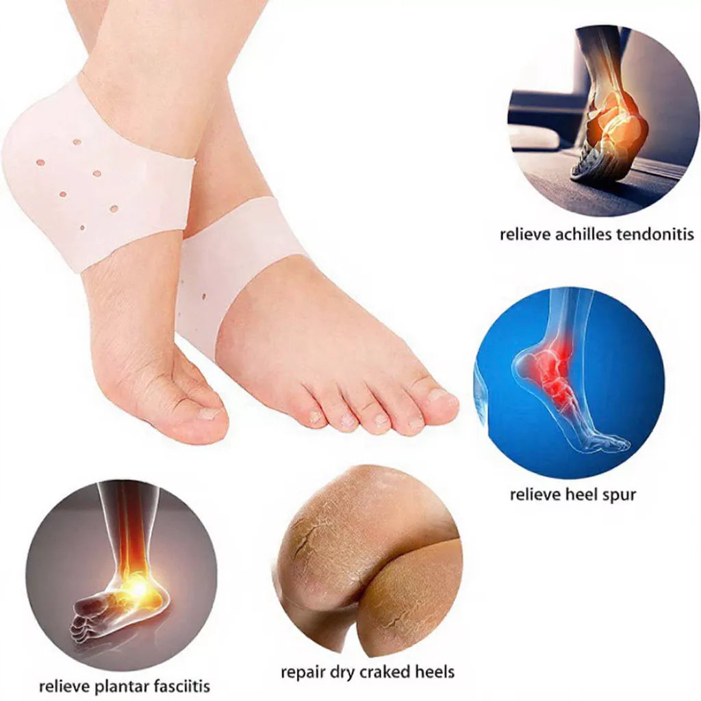Silicone heel socks worn on feet showing cracked heel repair
